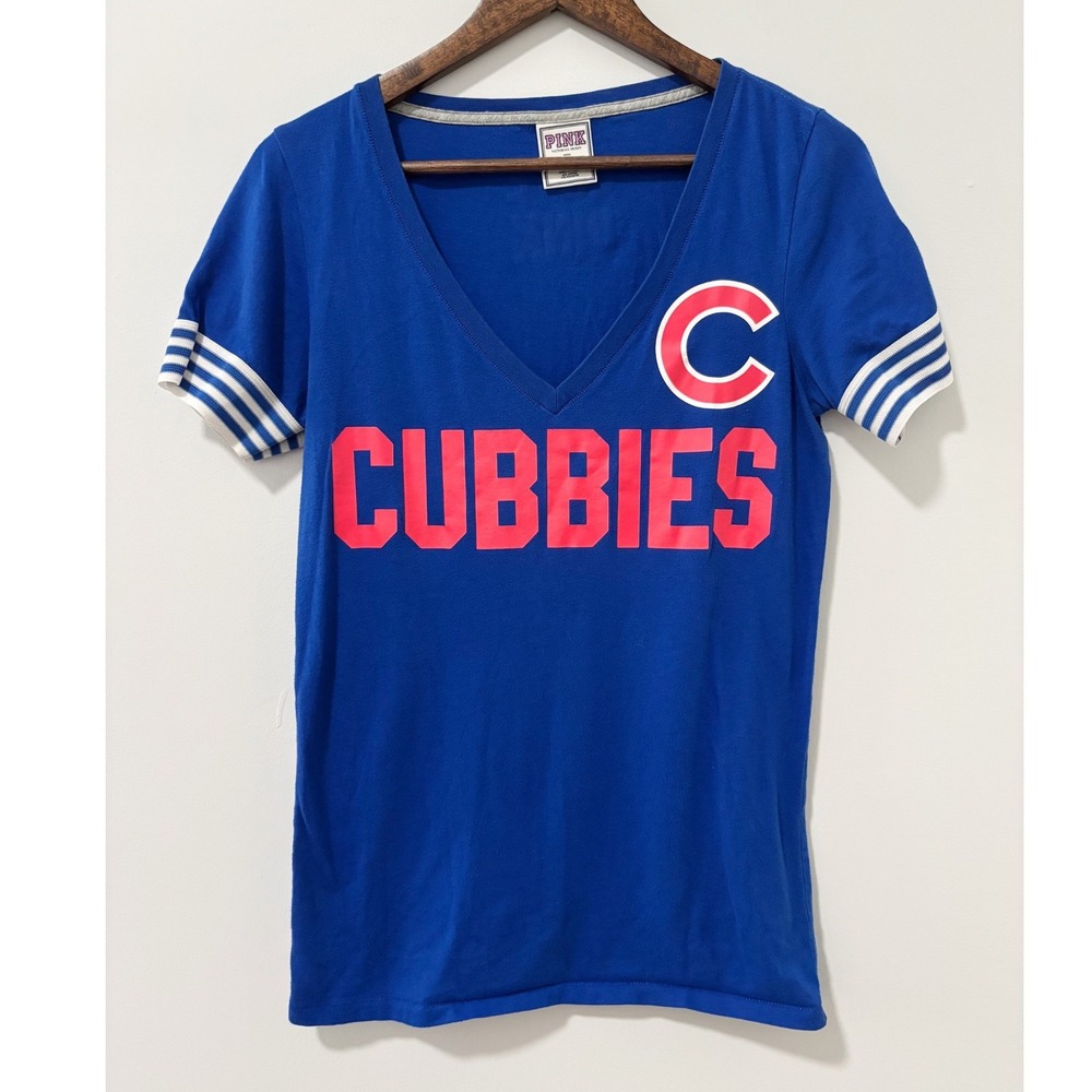 PINK Victoria's Secret T-Shirt Women Large Blue Chicago Cubs V-Neck Short Sleeve